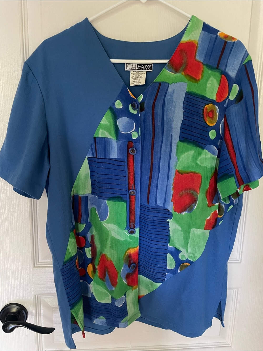 CM SHAPES Blue Short-Sleeve Blouse with Multicolor Abstract Panel